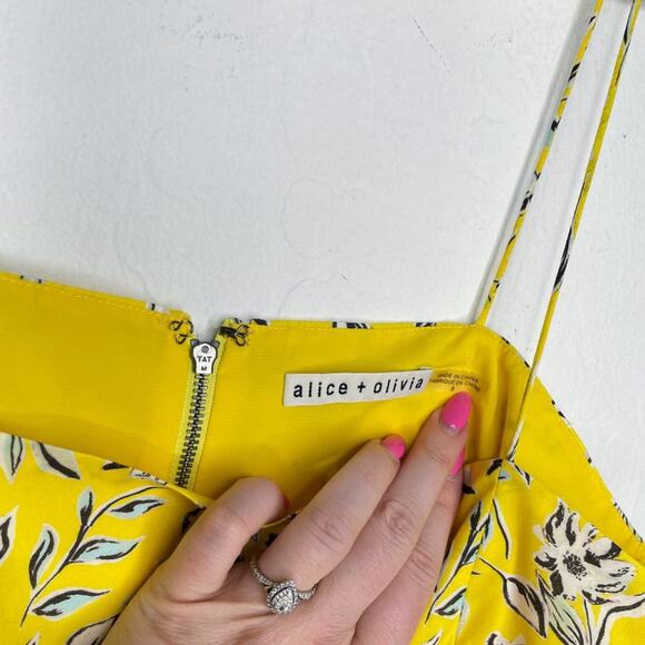 Alice + Olivia Glinda Yellow Floral Cotton Silk Blend Mini Fit and Flare Dress 8 - Picture 7 of 16